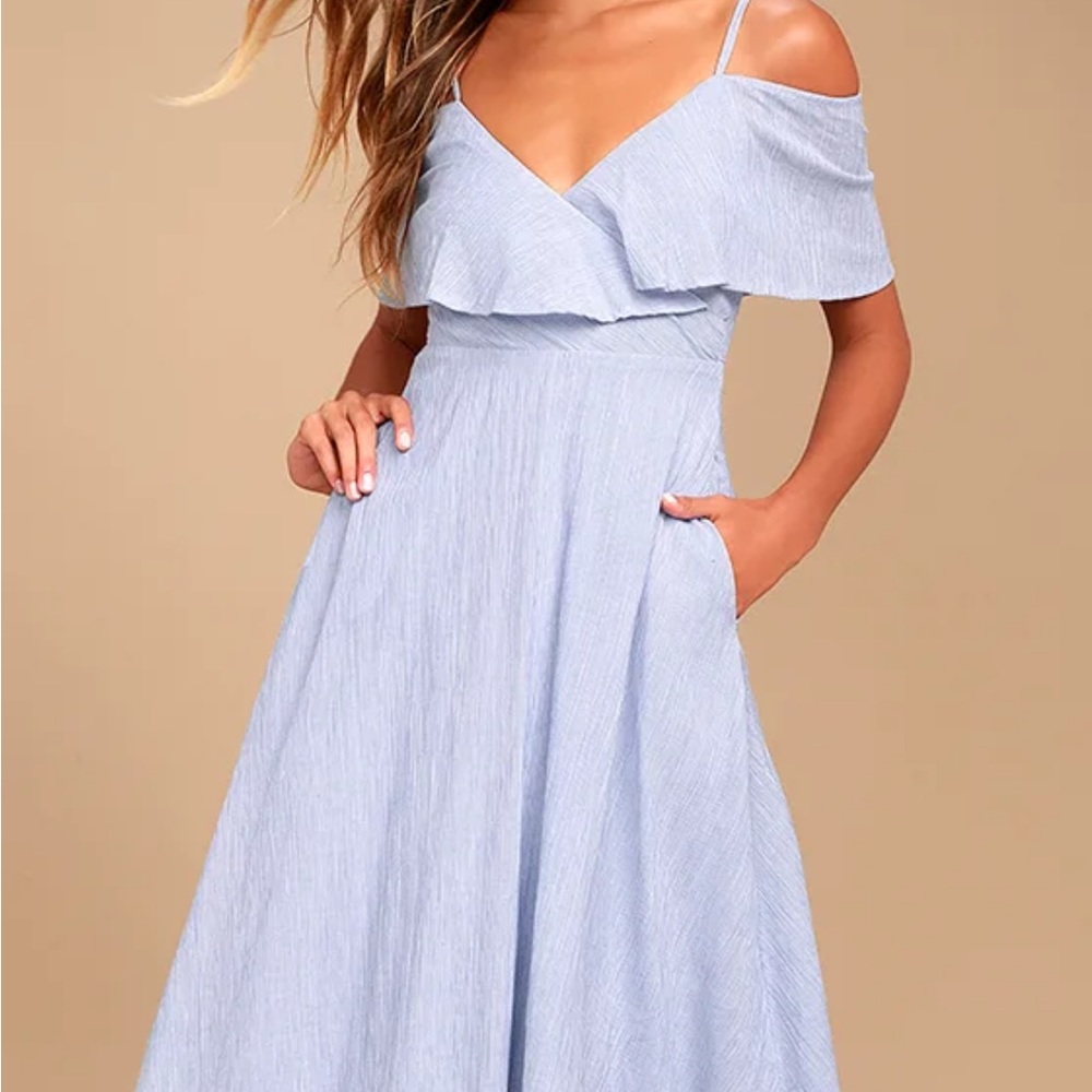 Lulus yacht rock blue and white striped off the shoulder dress